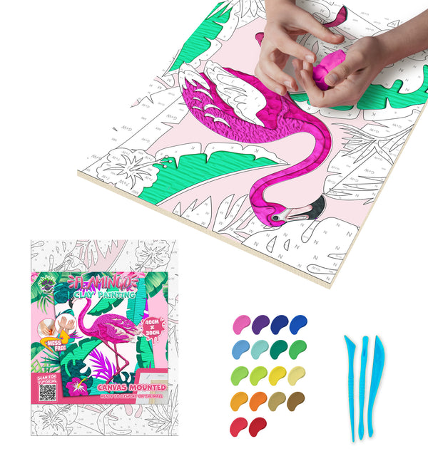 Flamingo clay painting kit with canvas mounted art board, colourful air-dry clay and sculpting tools, offering mess-free sensory play and screen-free creative crafting.