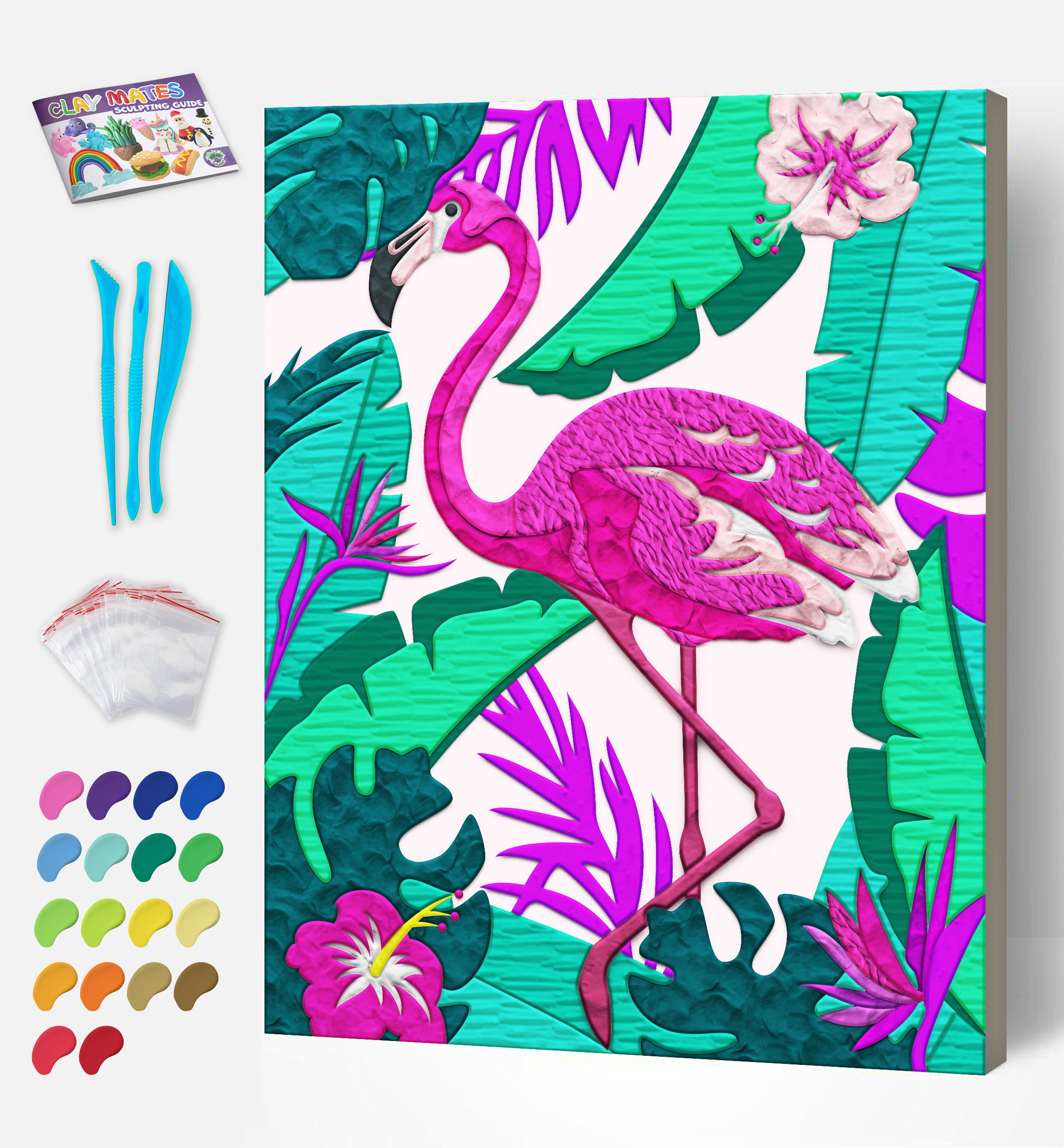 Flamingo clay painting kit with canvas mounted art board, colourful air-dry clay and sculpting tools, offering mess-free sensory play and screen-free creative crafting.