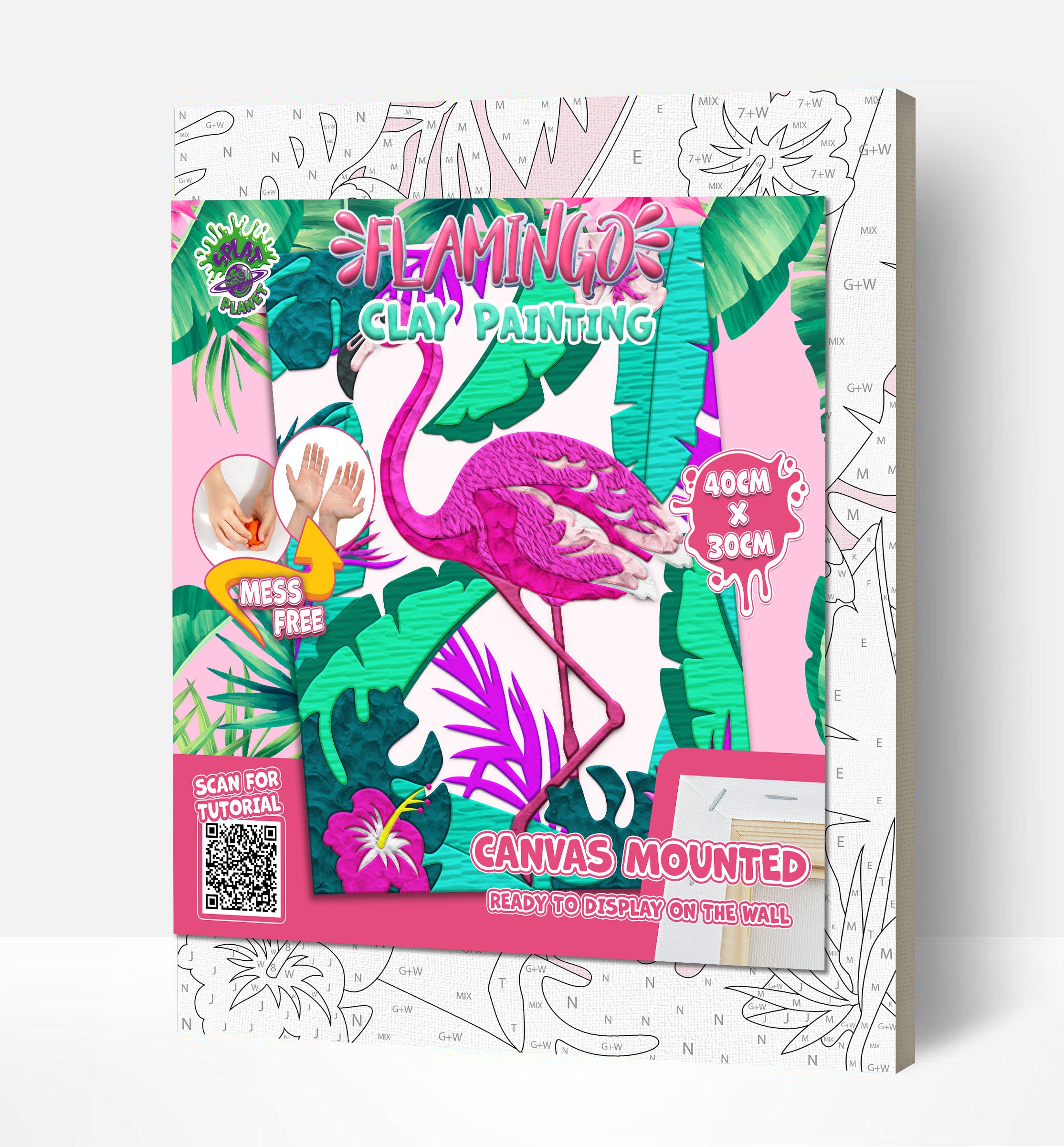 Flamingo clay painting kit with canvas mounted art board, colourful air-dry clay and sculpting tools, offering mess-free sensory play and screen-free creative crafting.