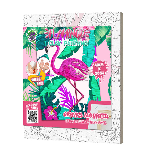 Flamingo clay painting kit with canvas mounted art board, colourful air-dry clay and sculpting tools, offering mess-free sensory play and screen-free creative crafting.