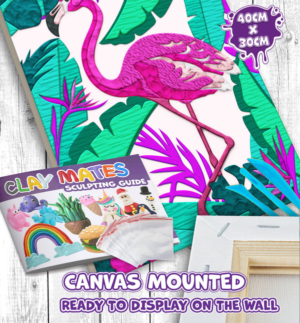 Flamingo clay painting kit with canvas mounted art board, colourful air-dry clay and sculpting tools, offering mess-free sensory play and screen-free creative crafting.