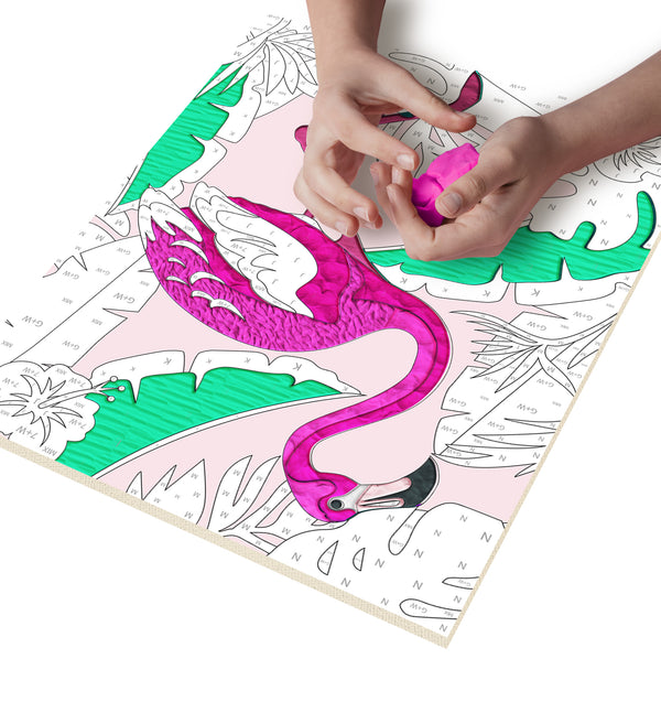 Flamingo clay painting kit with canvas mounted art board, colourful air-dry clay and sculpting tools, offering mess-free sensory play and screen-free creative crafting.