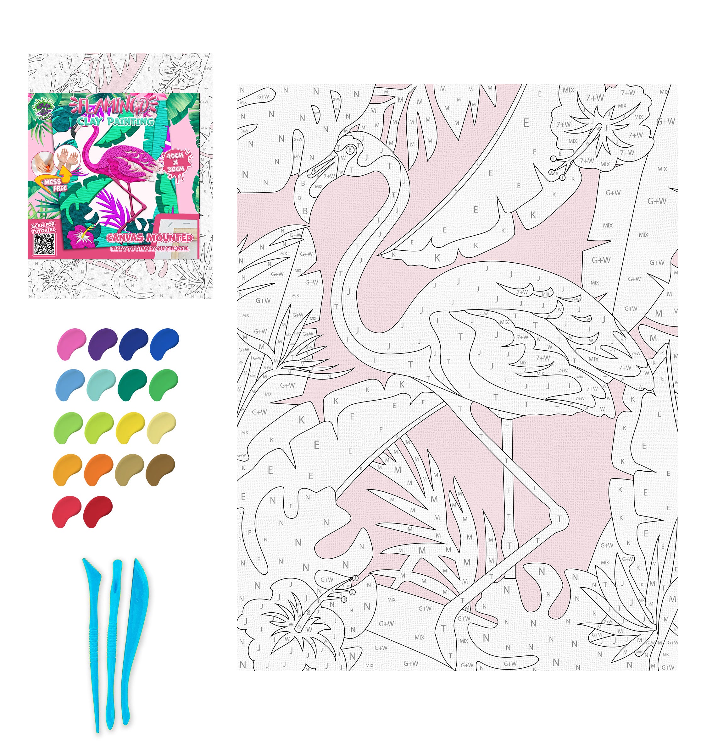 Flamingo clay painting kit with canvas mounted art board, colourful air-dry clay and sculpting tools, offering mess-free sensory play and screen-free creative crafting.