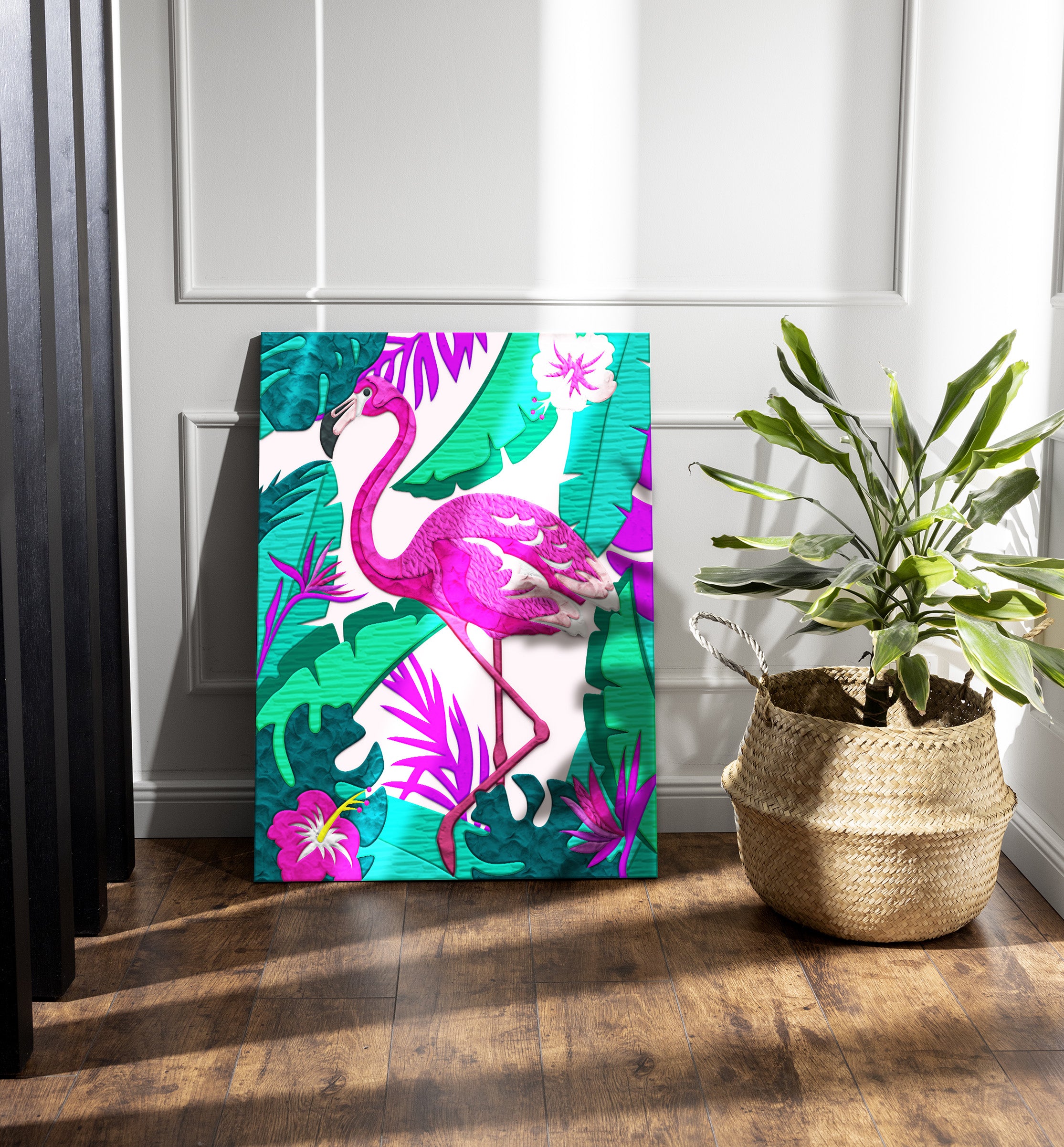 Flamingo clay painting kit with canvas mounted art board, colourful air-dry clay and sculpting tools, offering mess-free sensory play and screen-free creative crafting.