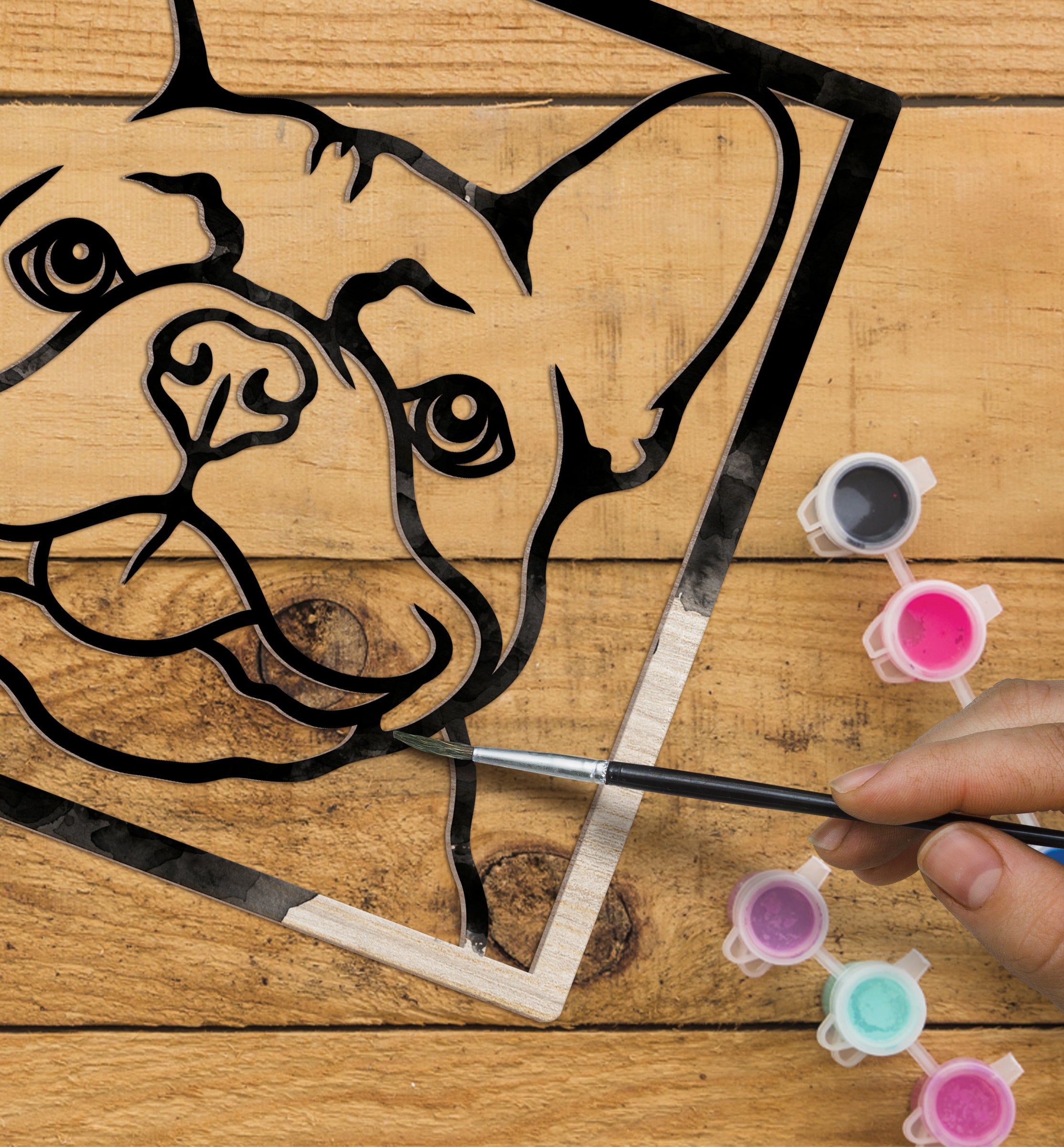 French Bulldog wooden art kit, Frenchie craft kit for kids, Bulldog wooden painting set, Layered dog art, DIY French Bulldog craft, Cute dog wooden décor, Frenchie wall art, Dog lover gift craft, Kids French Bulldog activity, Wooden dog craft project.