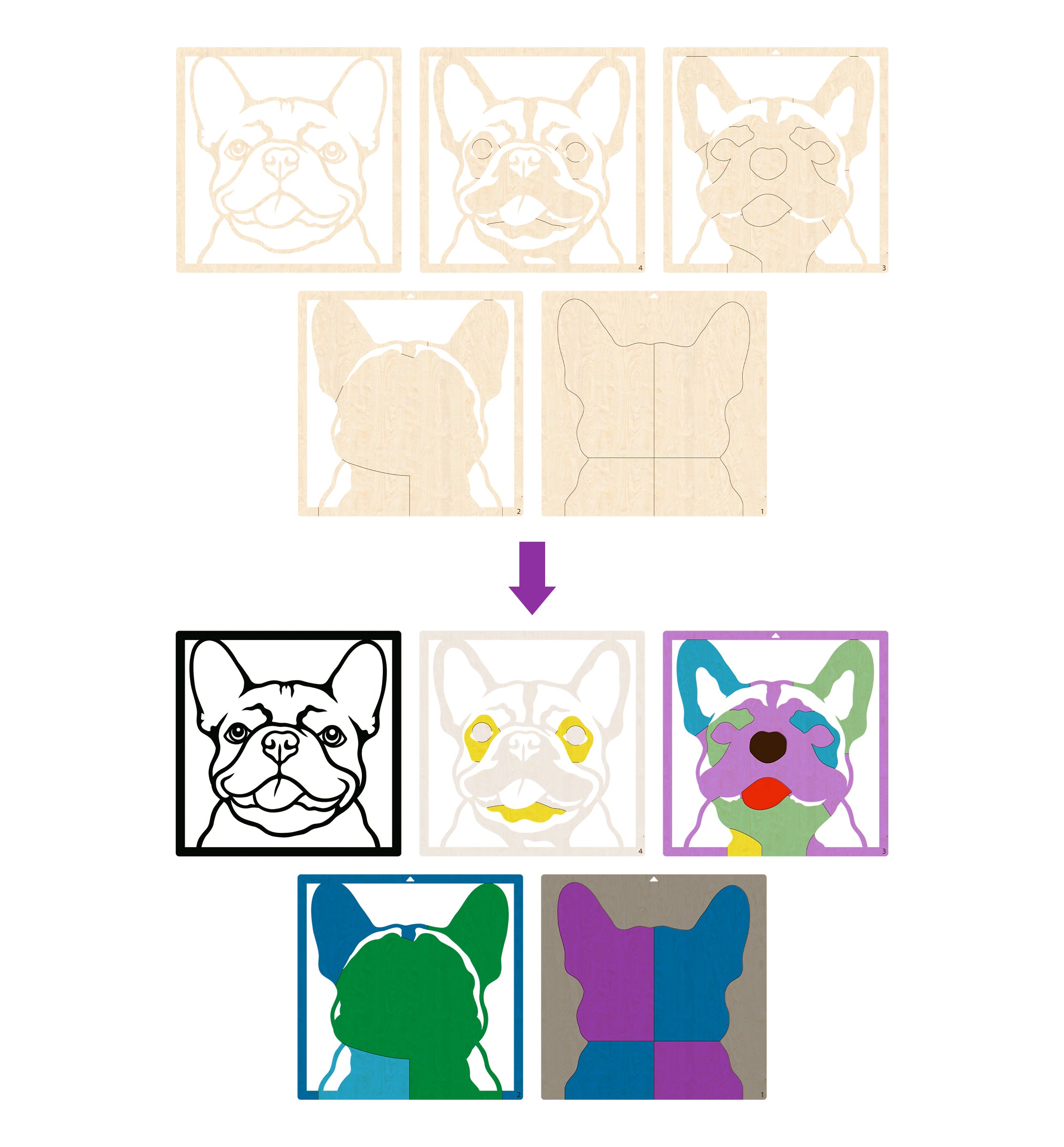 French Bulldog wooden art kit, Frenchie craft kit for kids, Bulldog wooden painting set, Layered dog art, DIY French Bulldog craft, Cute dog wooden décor, Frenchie wall art, Dog lover gift craft, Kids French Bulldog activity, Wooden dog craft project.