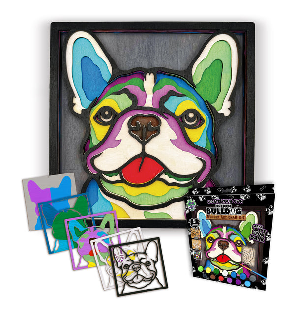 French Bulldog wooden art kit, Frenchie craft kit for kids, Bulldog wooden painting set, Layered dog art, DIY French Bulldog craft, Cute dog wooden décor, Frenchie wall art, Dog lover gift craft, Kids French Bulldog activity, Wooden dog craft project.