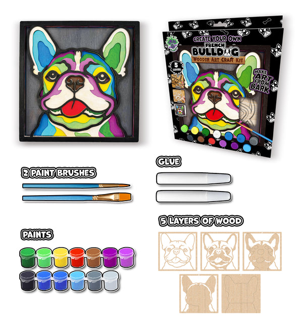 French Bulldog wooden art kit, Frenchie craft kit for kids, Bulldog wooden painting set, Layered dog art, DIY French Bulldog craft, Cute dog wooden décor, Frenchie wall art, Dog lover gift craft, Kids French Bulldog activity, Wooden dog craft project.