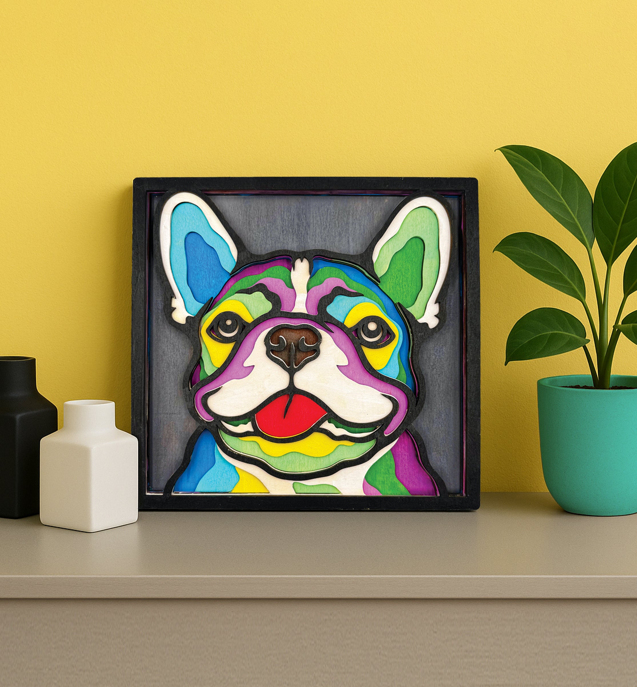 French Bulldog wooden art kit, Frenchie craft kit for kids, Bulldog wooden painting set, Layered dog art, DIY French Bulldog craft, Cute dog wooden décor, Frenchie wall art, Dog lover gift craft, Kids French Bulldog activity, Wooden dog craft project.