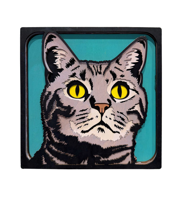 Grey cat wooden art kit, Cat craft kit for kids, Layered cat wood art, DIY cat painting set, Cute cat wooden décor, Cat lover gift crafts, Wooden cat wall art, Kids cat craft activity, Creative feline art project.