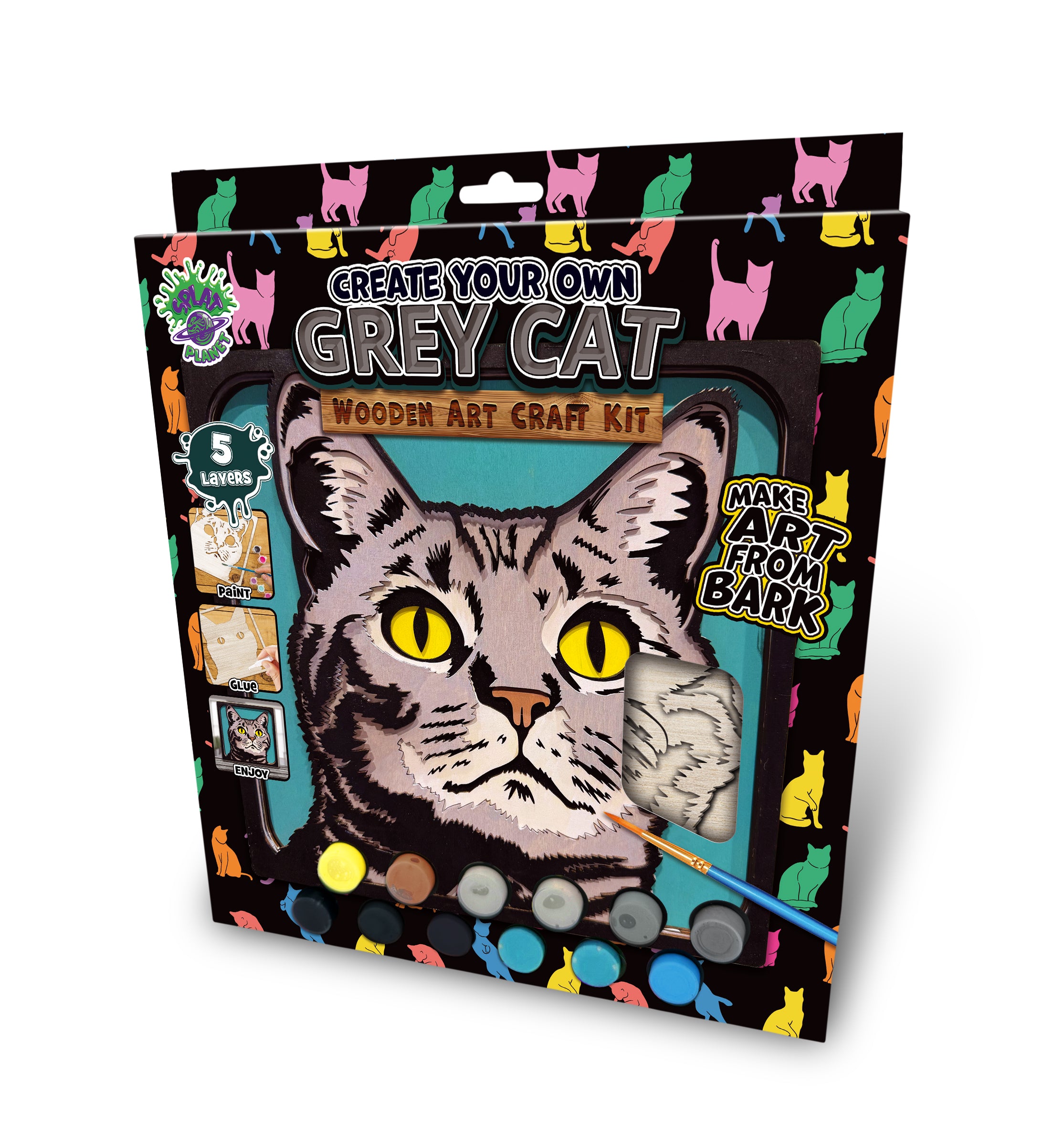 Grey cat wooden art kit, Cat craft kit for kids, Layered cat wood art, DIY cat painting set, Cute cat wooden décor, Cat lover gift crafts, Wooden cat wall art, Kids cat craft activity, Creative feline art project.