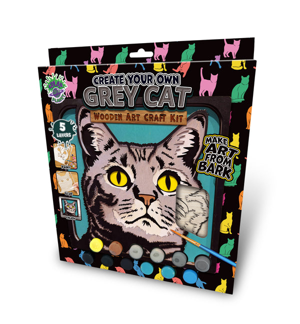 Grey cat wooden art kit, Cat craft kit for kids, Layered cat wood art, DIY cat painting set, Cute cat wooden décor, Cat lover gift crafts, Wooden cat wall art, Kids cat craft activity, Creative feline art project.