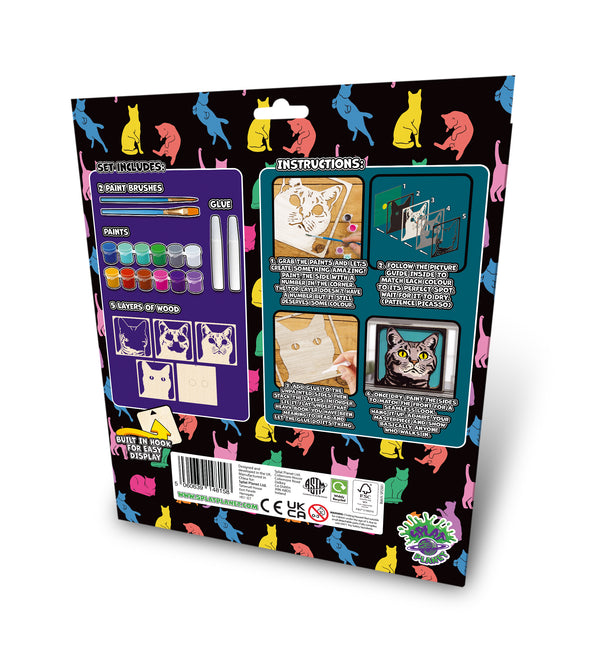 Grey cat wooden art kit, Cat craft kit for kids, Layered cat wood art, DIY cat painting set, Cute cat wooden décor, Cat lover gift crafts, Wooden cat wall art, Kids cat craft activity, Creative feline art project.