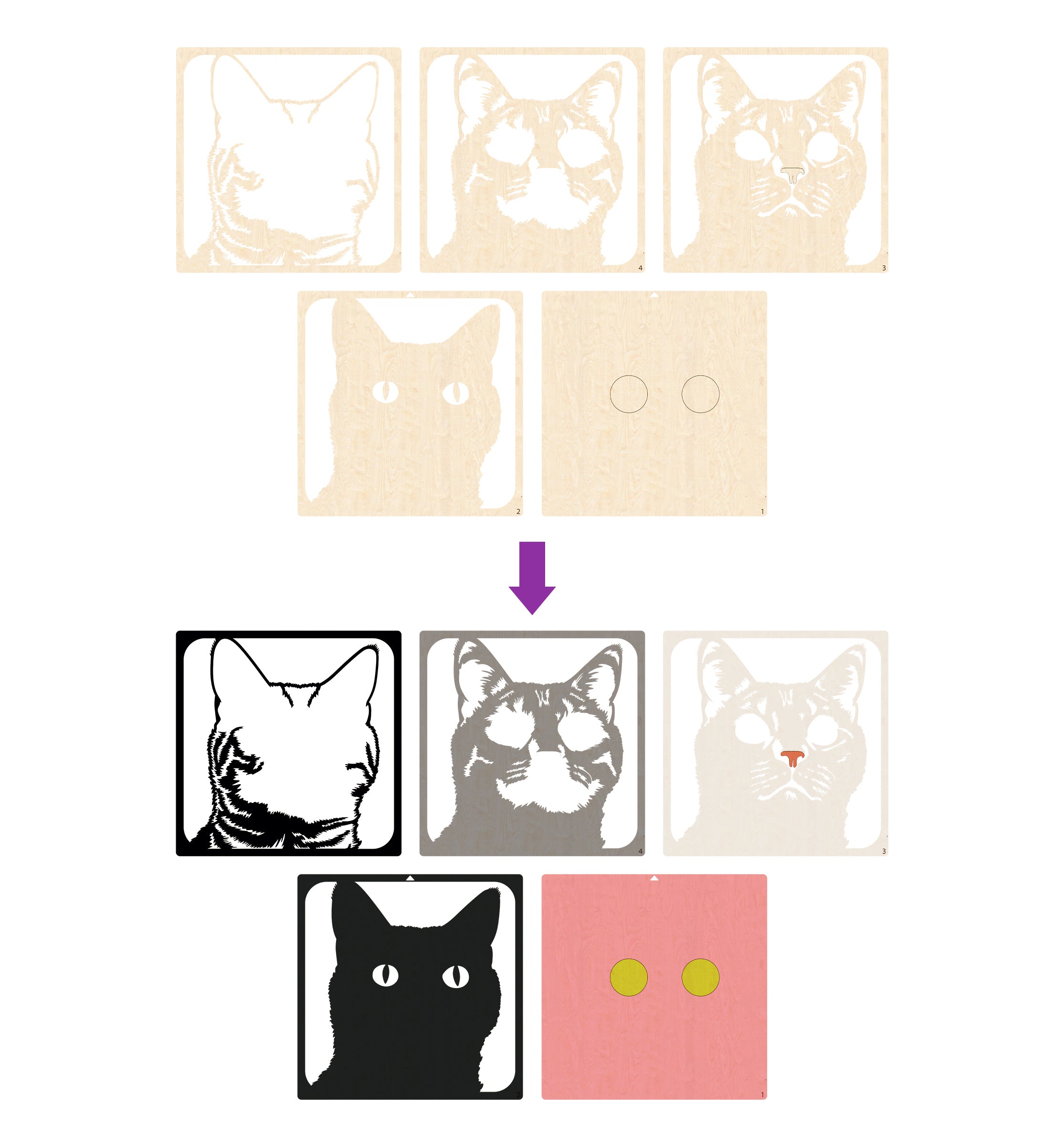 Grey cat wooden art kit, Cat craft kit for kids, Layered cat wood art, DIY cat painting set, Cute cat wooden décor, Cat lover gift crafts, Wooden cat wall art, Kids cat craft activity, Creative feline art project.