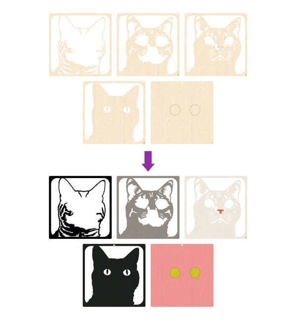 Grey cat wooden art kit, Cat craft kit for kids, Layered cat wood art, DIY cat painting set, Cute cat wooden décor, Cat lover gift crafts, Wooden cat wall art, Kids cat craft activity, Creative feline art project.