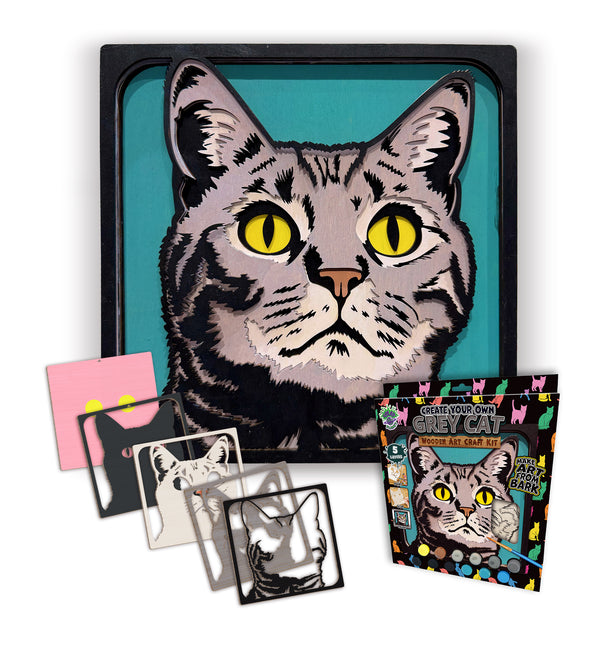 Grey cat wooden art kit, Cat craft kit for kids, Layered cat wood art, DIY cat painting set, Cute cat wooden décor, Cat lover gift crafts, Wooden cat wall art, Kids cat craft activity, Creative feline art project.