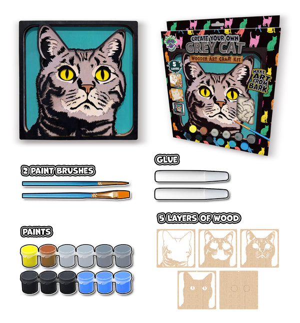 Grey cat wooden art kit, Cat craft kit for kids, Layered cat wood art, DIY cat painting set, Cute cat wooden décor, Cat lover gift crafts, Wooden cat wall art, Kids cat craft activity, Creative feline art project.