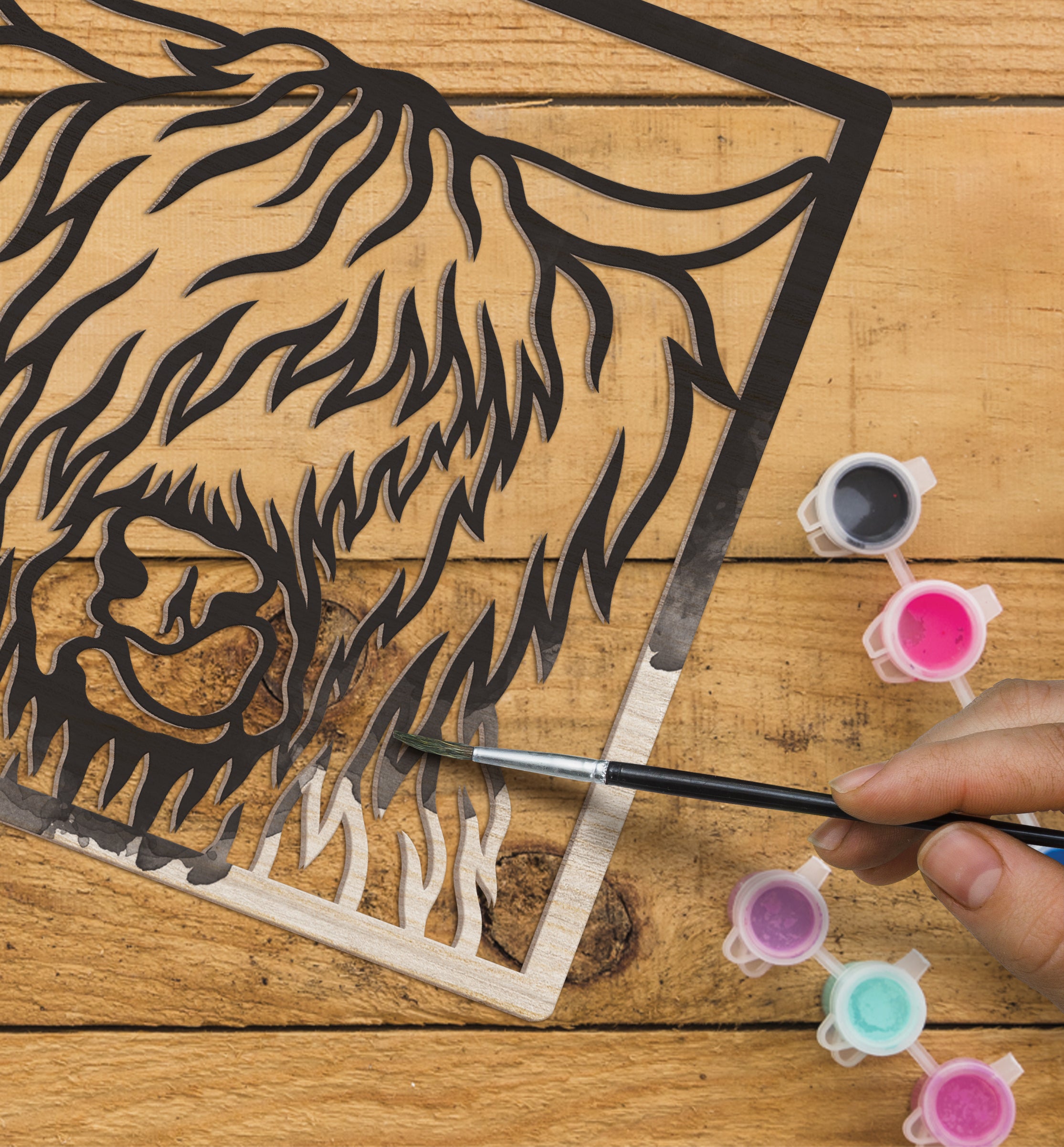 Highland Cow wooden art kit, Highland Cow craft kit for kids, Layered Cow wooden art, DIY Highland Cow painting set, Cute cow décor craft, Farm animal wooden art, Kids cow craft activity, Creative Highland Cow project.