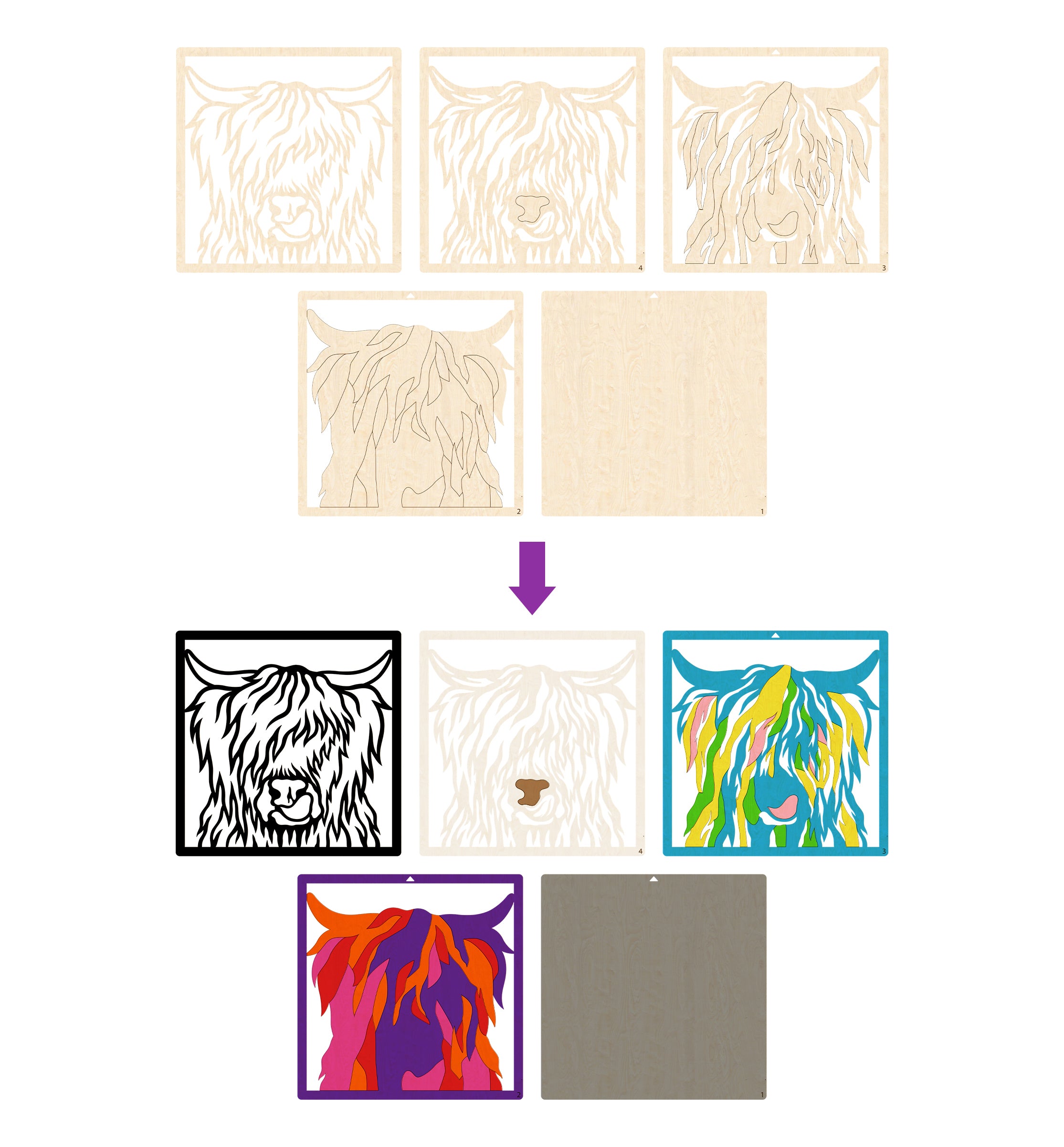 Highland Cow wooden art kit, Highland Cow craft kit for kids, Layered Cow wooden art, DIY Highland Cow painting set, Cute cow décor craft, Farm animal wooden art, Kids cow craft activity, Creative Highland Cow project.