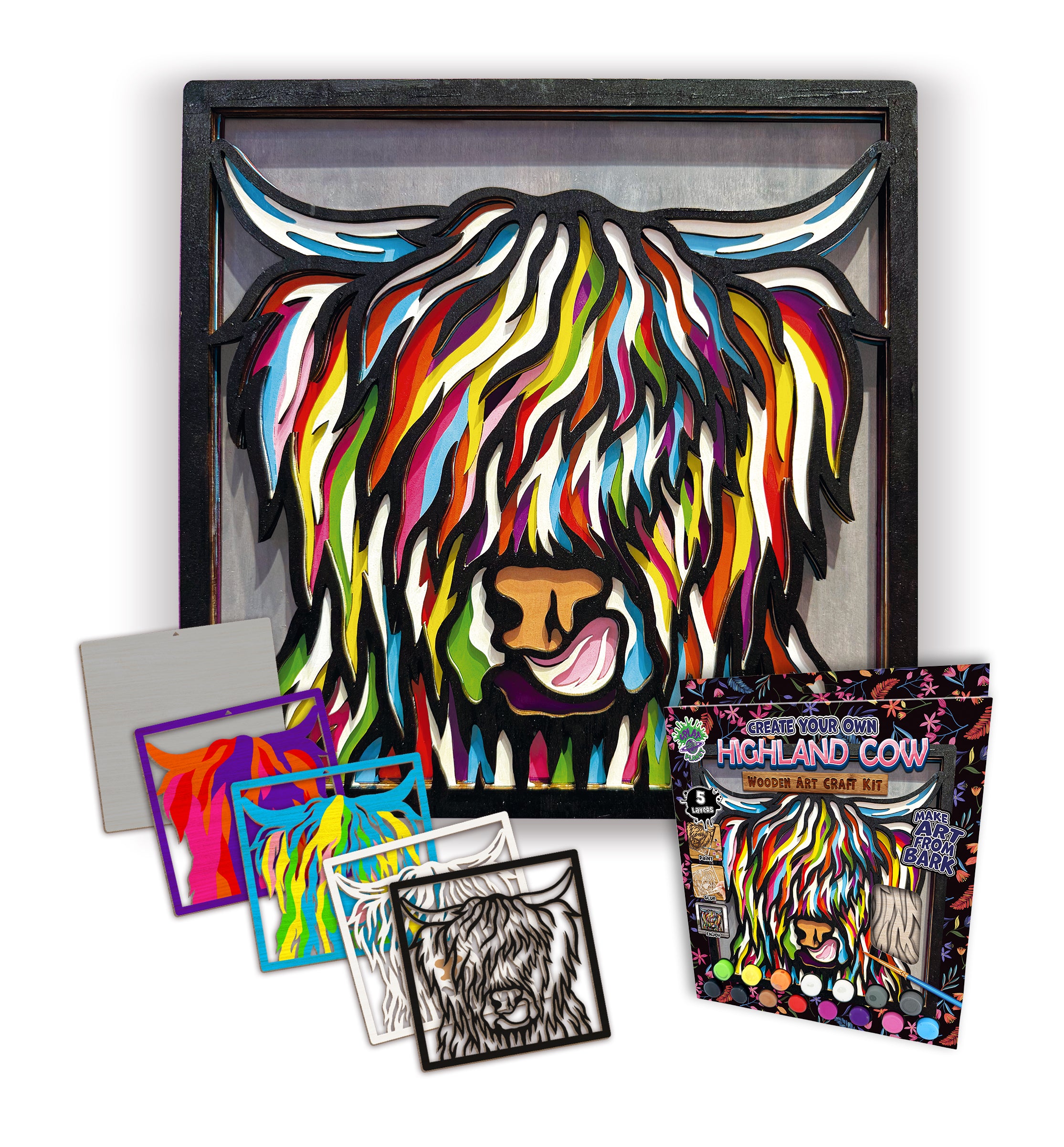 Highland Cow wooden art kit, Highland Cow craft kit for kids, Layered Cow wooden art, DIY Highland Cow painting set, Cute cow décor craft, Farm animal wooden art, Kids cow craft activity, Creative Highland Cow project.