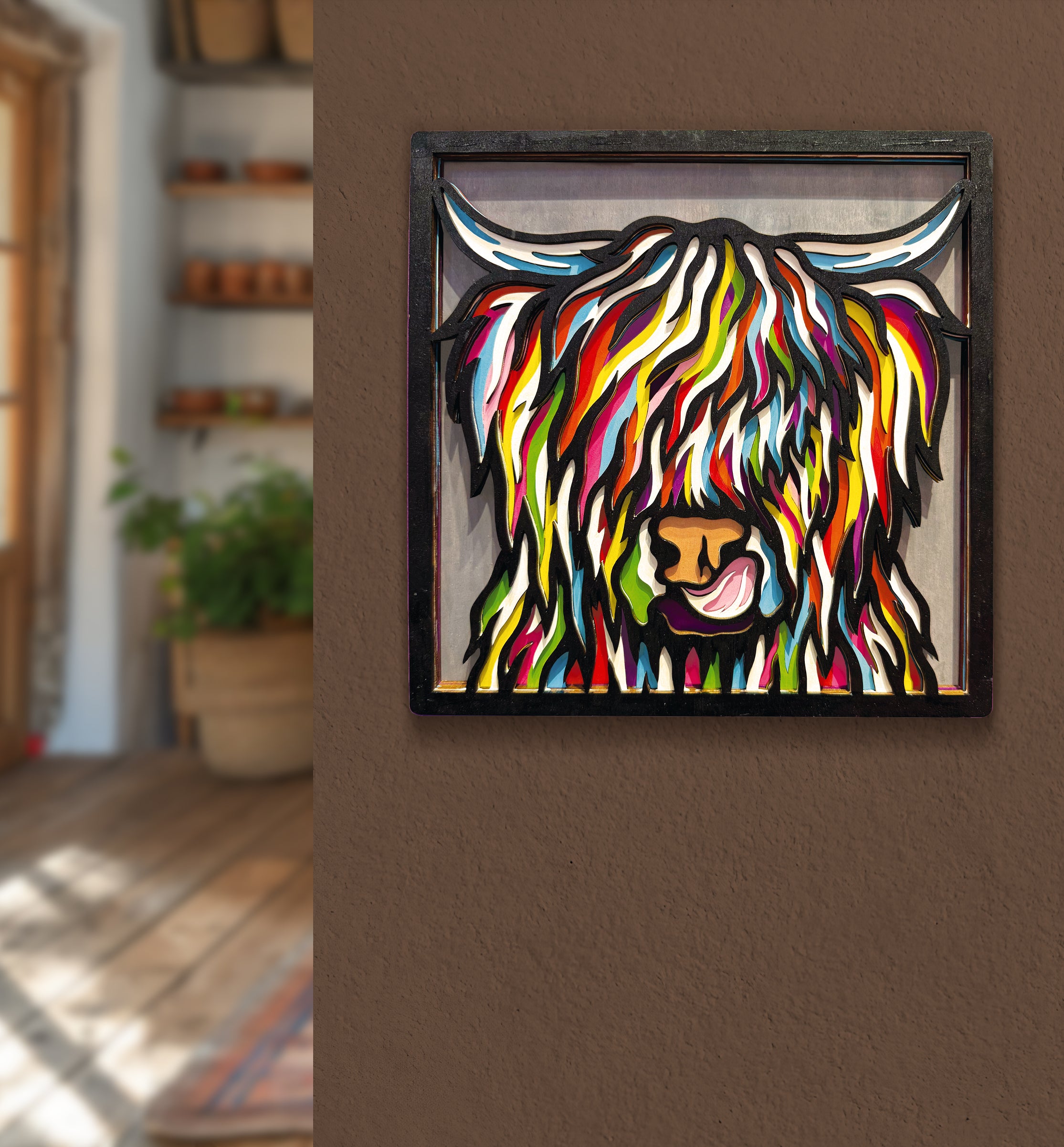Highland Cow wooden art kit, Highland Cow craft kit for kids, Layered Cow wooden art, DIY Highland Cow painting set, Cute cow décor craft, Farm animal wooden art, Kids cow craft activity, Creative Highland Cow project.