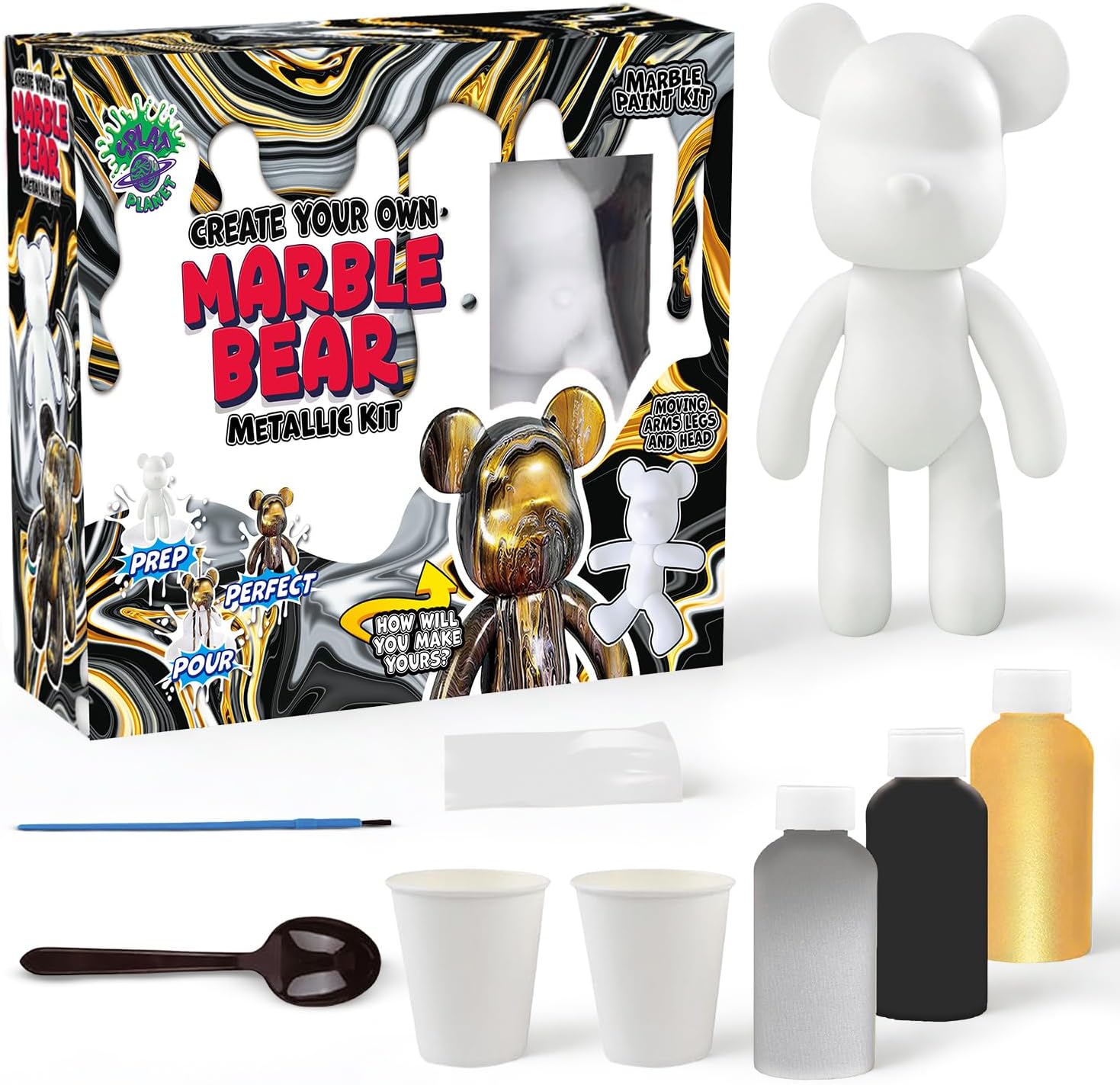 marble bear craft kit, pour painting kit, diy painting set for kids, neon art kit, metallic art kit, metallic pouring paint, neon pouring paint, arts and crafts toys, Fluid bear, painting for girls boys, splat planet bear, kids creative gift, diy toy craft, educational art supplies, birthday gifts for children, fun indoor activities, art projects for kids