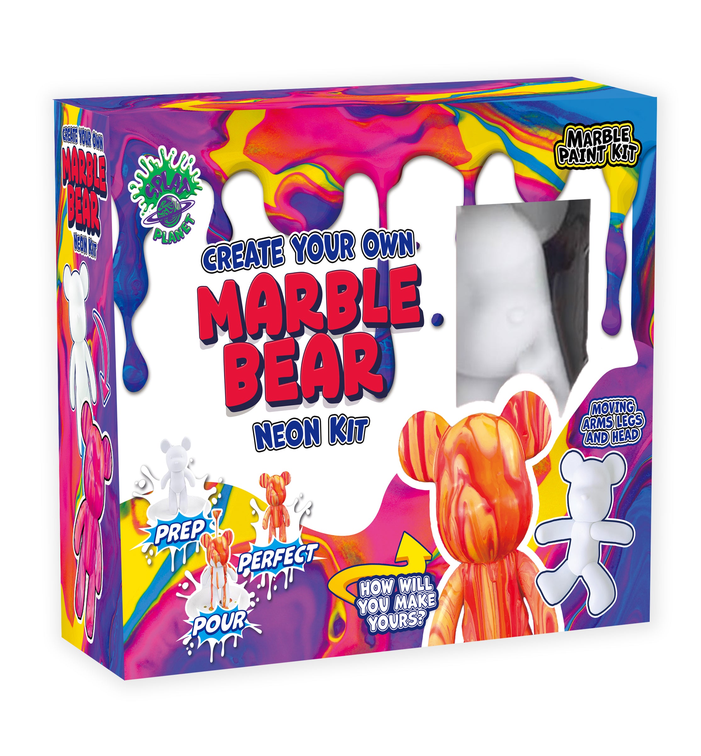 marble bear craft kit, pour painting kit, diy painting set for kids, neon art kit, metallic art kit, metallic pouring paint, neon pouring paint, arts and crafts toys, painting for girls boys, splat planet bear, kids creative gift, diy toy craft, educational art supplies, birthday gifts for children, fun indoor activities, art projects for kids