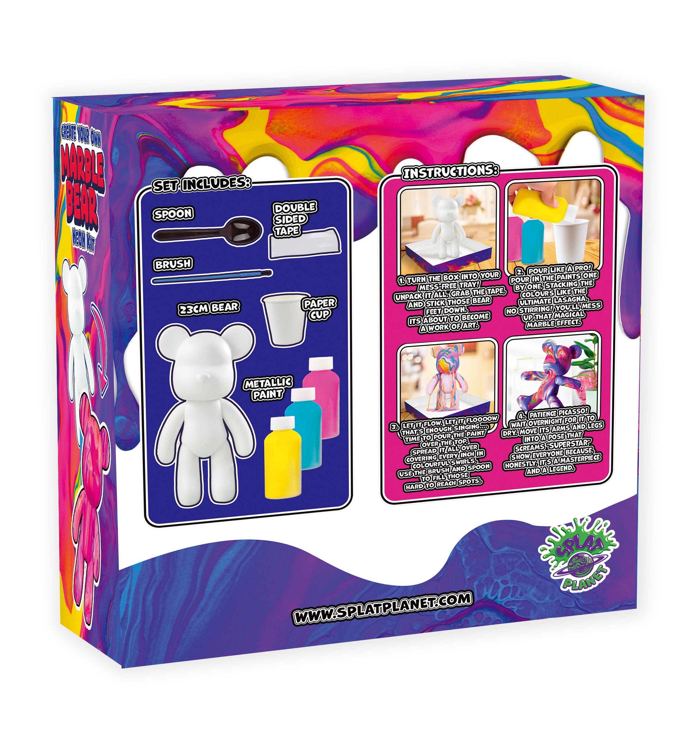 marble bear craft kit, pour painting kit, diy painting set for kids, neon art kit, metallic art kit, metallic pouring paint, neon pouring paint, arts and crafts toys, painting for girls boys, splat planet bear, kids creative gift, diy toy craft, educational art supplies, birthday gifts for children, fun indoor activities, art projects for kids