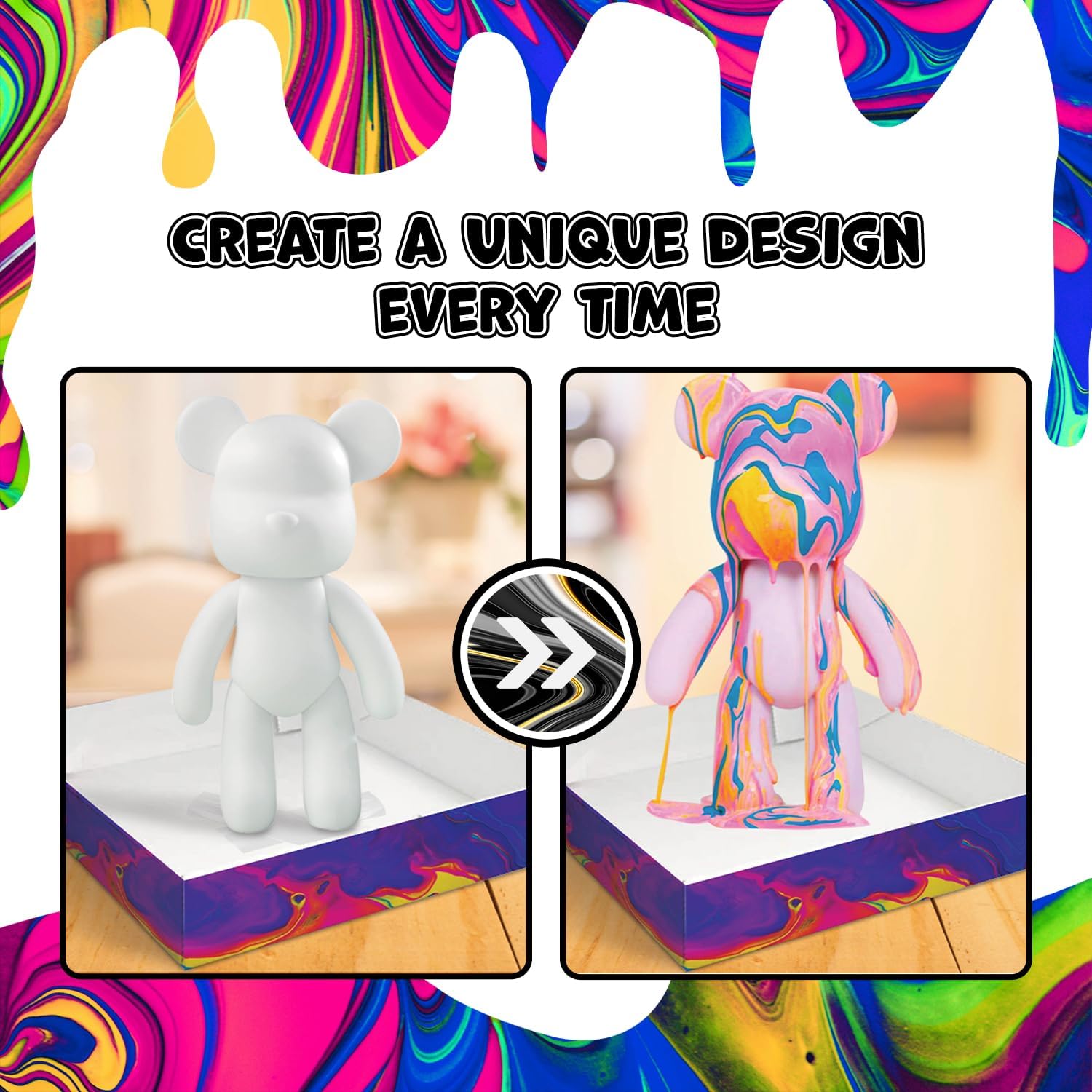 marble bear craft kit, pour painting kit, diy painting set for kids, neon art kit, metallic art kit, metallic pouring paint, neon pouring paint, arts and crafts toys, painting for girls boys, splat planet bear, kids creative gift, diy toy craft, educational art supplies, birthday gifts for children, fun indoor activities, art projects for kids