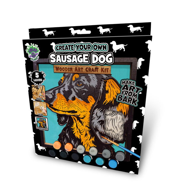 Sausage dog wooden art kit, Dachshund craft kit for kids, Sausage dog wood painting set, Cute dog wooden art, DIY dog craft, Dachshund wall art, Sausage dog gift for children, Layered dog wood art, Creative dog project, Wooden Dachshund décor, Kids dog craft activity, Dog lover gift crafts.