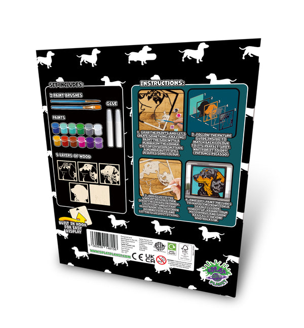Sausage dog wooden art kit, Dachshund craft kit for kids, Sausage dog wood painting set, Cute dog wooden art, DIY dog craft, Dachshund wall art, Sausage dog gift for children, Layered dog wood art, Creative dog project, Wooden Dachshund décor, Kids dog craft activity, Dog lover gift crafts.