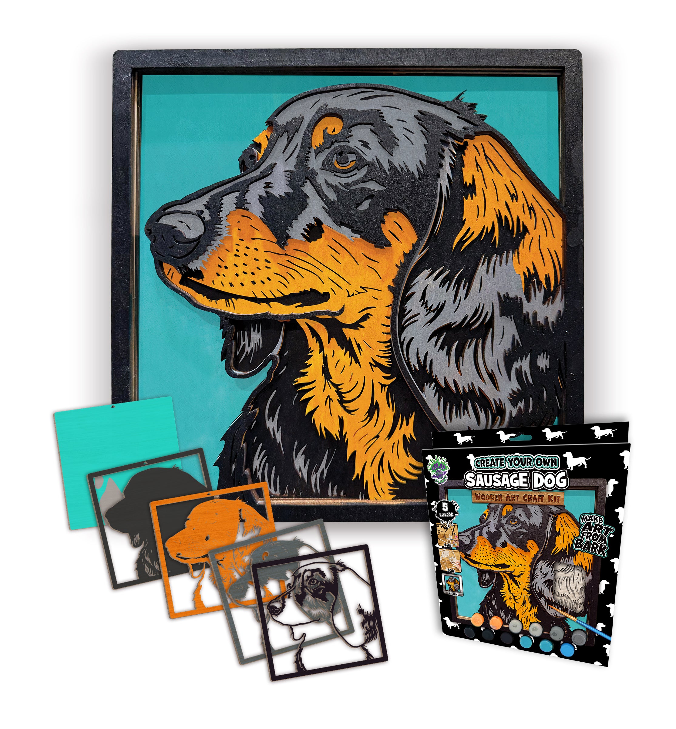 Sausage dog wooden art kit, Dachshund craft kit for kids, Sausage dog wood painting set, Cute dog wooden art, DIY dog craft, Dachshund wall art, Sausage dog gift for children, Layered dog wood art, Creative dog project, Wooden Dachshund décor, Kids dog craft activity, Dog lover gift crafts.
