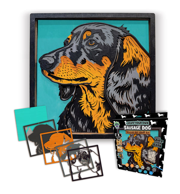 Sausage dog wooden art kit, Dachshund craft kit for kids, Sausage dog wood painting set, Cute dog wooden art, DIY dog craft, Dachshund wall art, Sausage dog gift for children, Layered dog wood art, Creative dog project, Wooden Dachshund décor, Kids dog craft activity, Dog lover gift crafts.