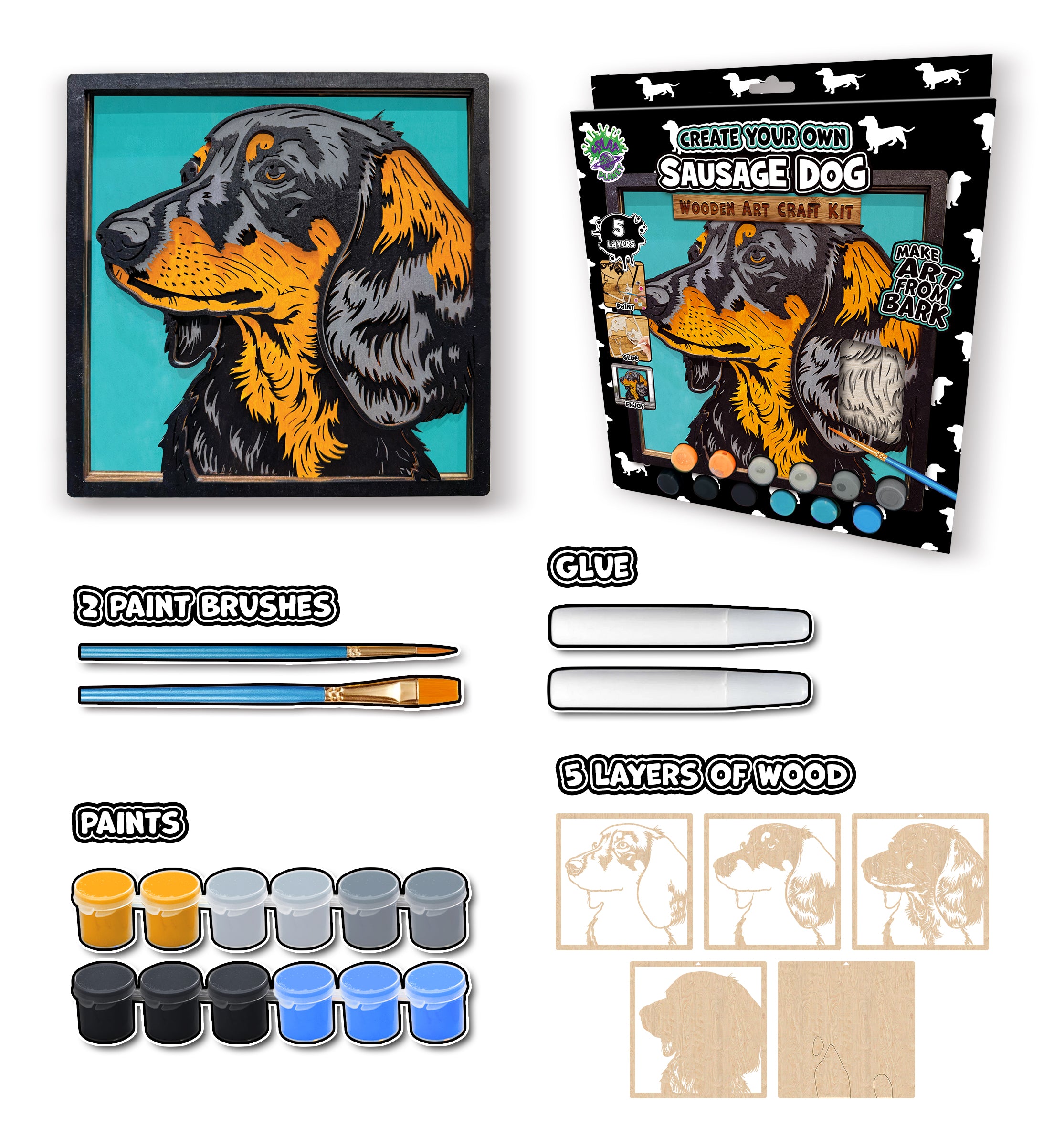 Sausage dog wooden art kit, Dachshund craft kit for kids, Sausage dog wood painting set, Cute dog wooden art, DIY dog craft, Dachshund wall art, Sausage dog gift for children, Layered dog wood art, Creative dog project, Wooden Dachshund décor, Kids dog craft activity, Dog lover gift crafts.