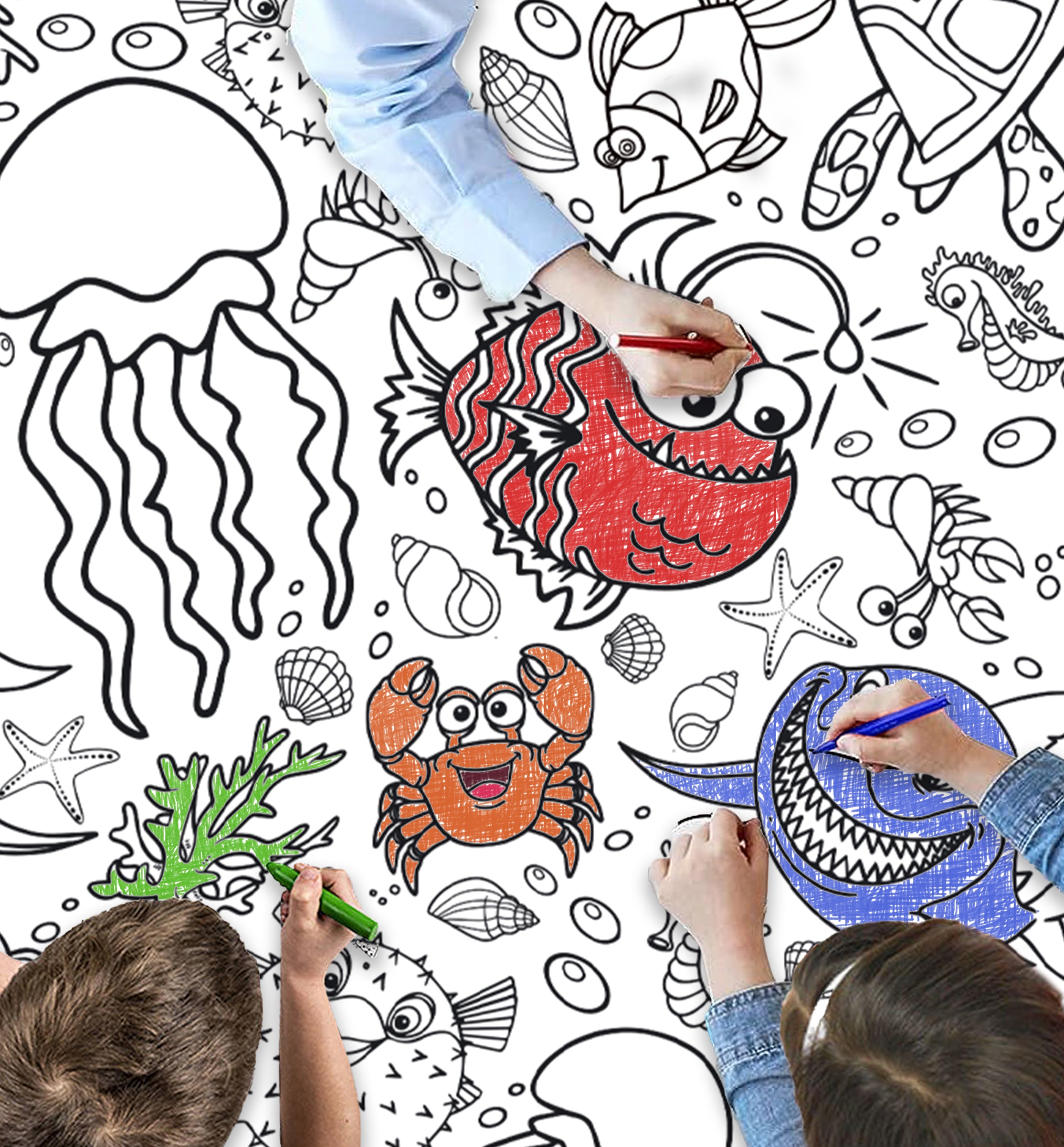 Sea life giant colour-in table cloth for kids with ocean animals, laminated table protector 240 x 120cm