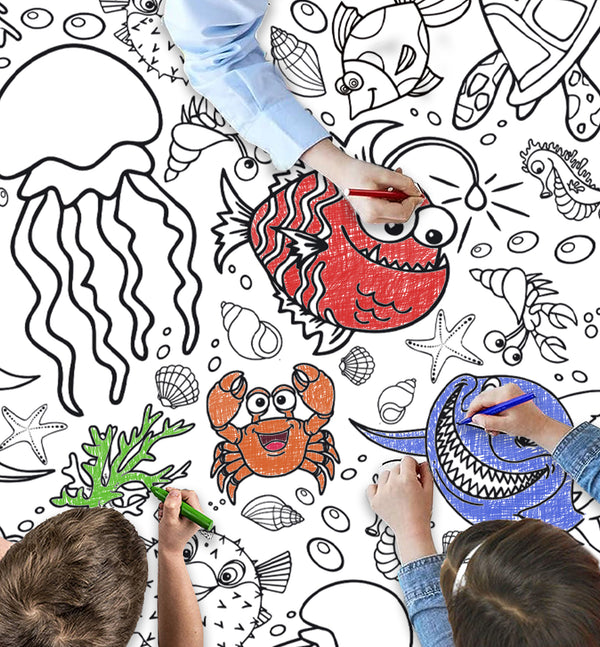 Sea life giant colour-in table cloth for kids with ocean animals, laminated table protector 240 x 120cm