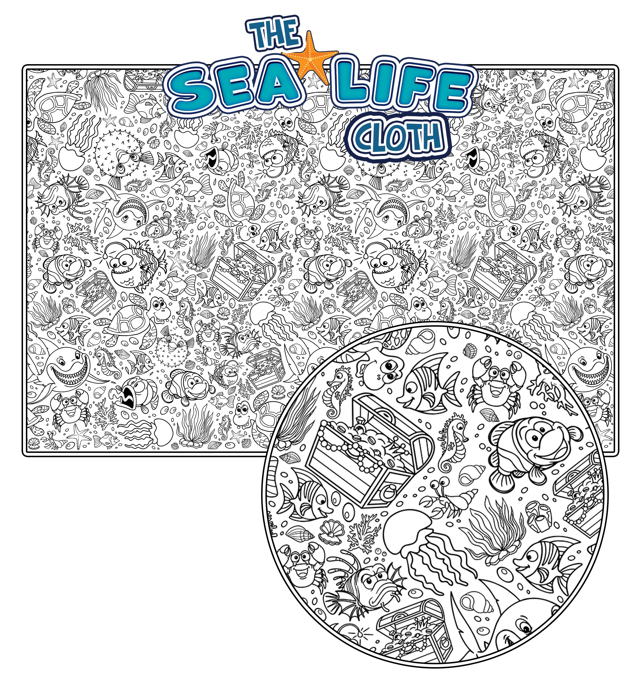 Sea life giant colour-in table cloth for kids with ocean animals, laminated table protector 240 x 120cm