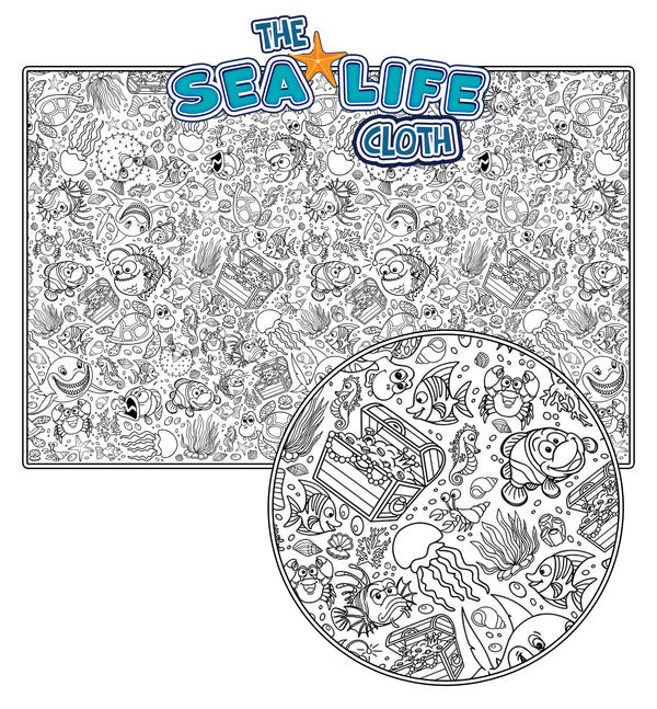 Sea life giant colour-in table cloth for kids with ocean animals, laminated table protector 240 x 120cm