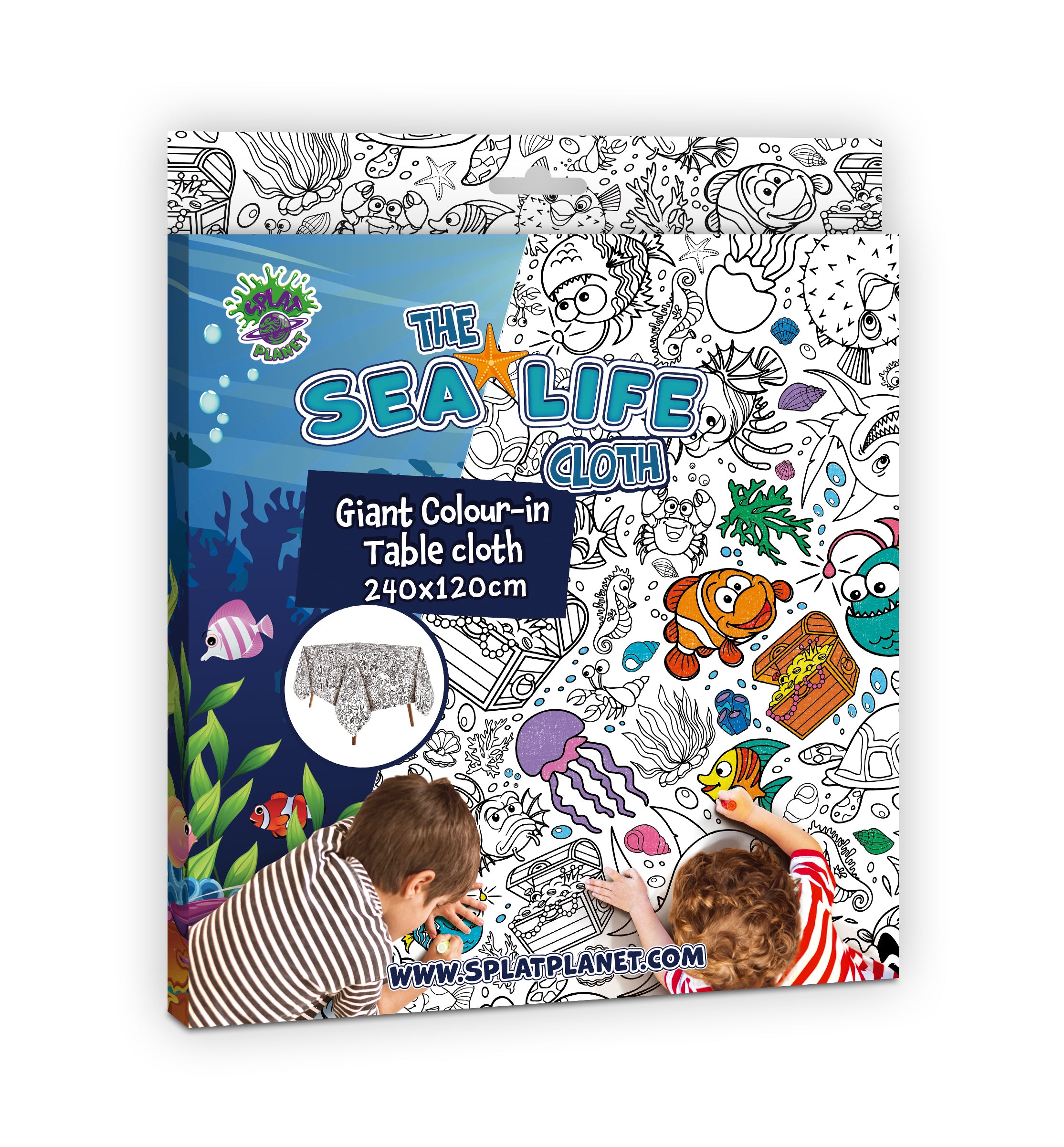 Sea life giant colour-in table cloth for kids with ocean animals, laminated table protector 240 x 120cm