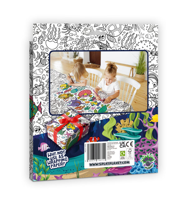 Sea life giant colour-in table cloth for kids with ocean animals, laminated table protector 240 x 120cm