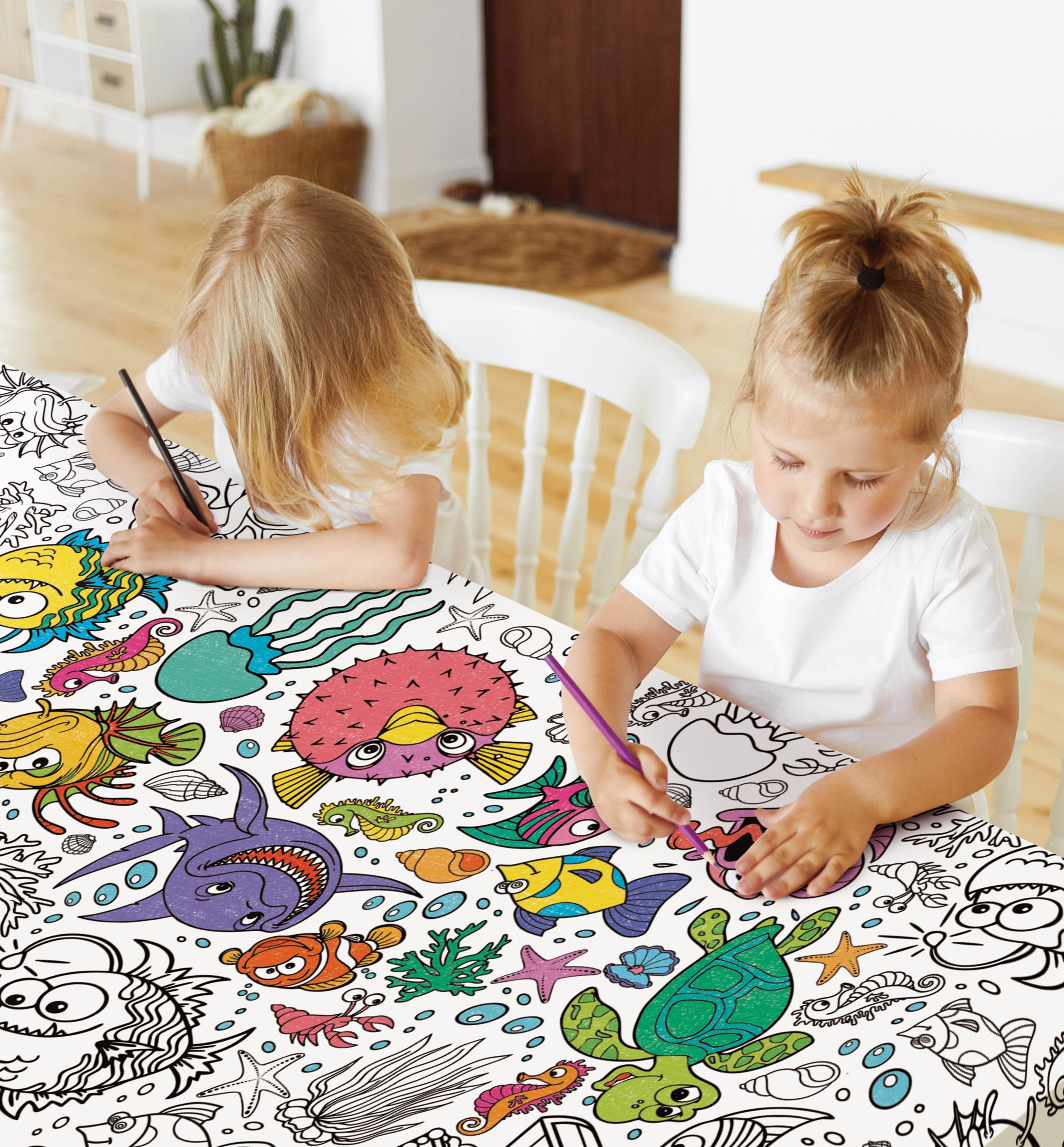 Sea life giant colour-in table cloth for kids with ocean animals, laminated table protector 240 x 120cm