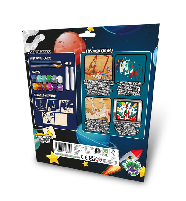 Spaceship wooden art kit, Rocket craft kit for kids, Space rocket wood painting set, DIY spaceship craft, Astronaut themed wooden art, Space décor project, Kids rocket activity kit, Creative space art craft.