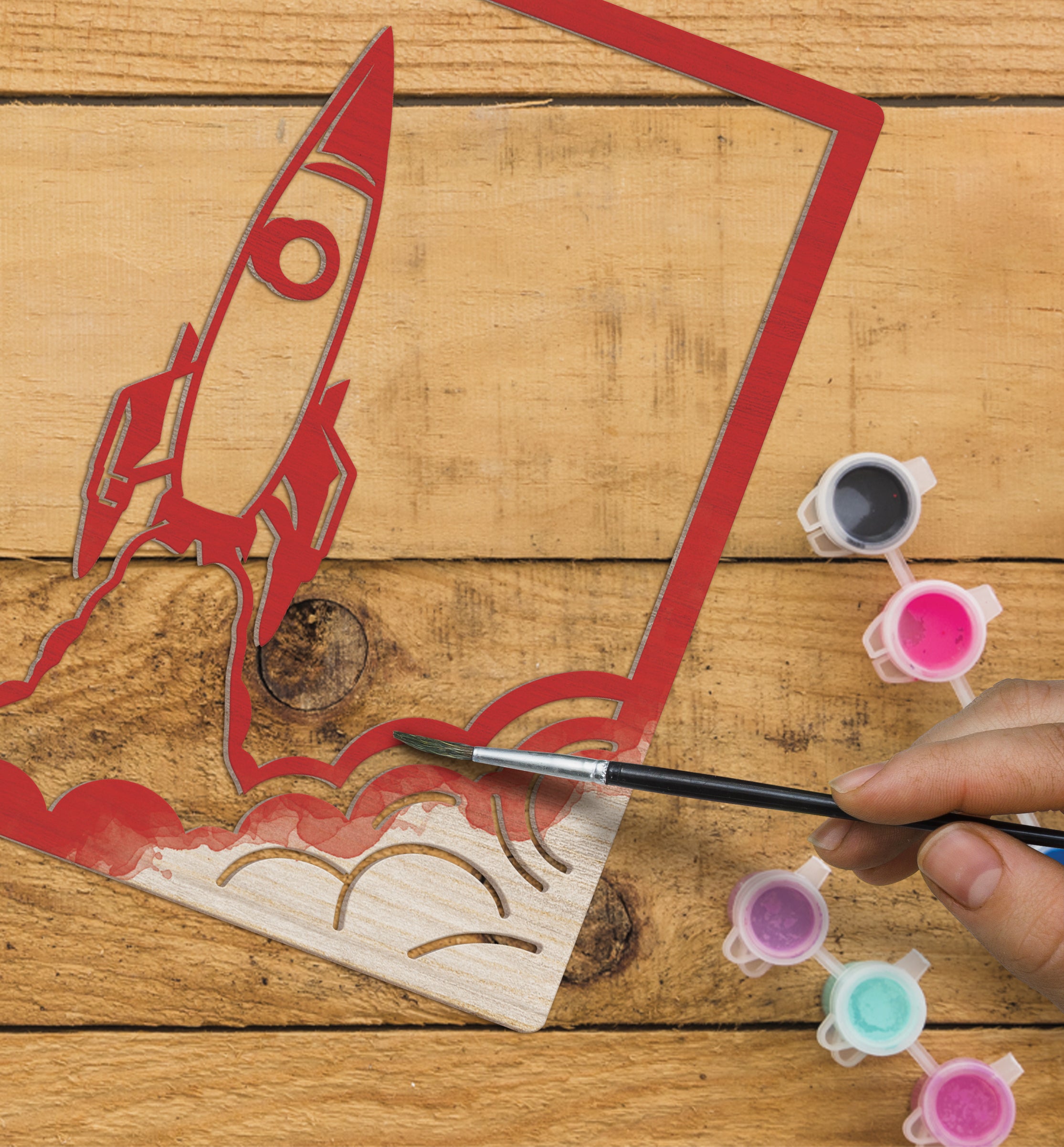 Spaceship wooden art kit, Rocket craft kit for kids, Space rocket wood painting set, DIY spaceship craft, Astronaut themed wooden art, Space décor project, Kids rocket activity kit, Creative space art craft.