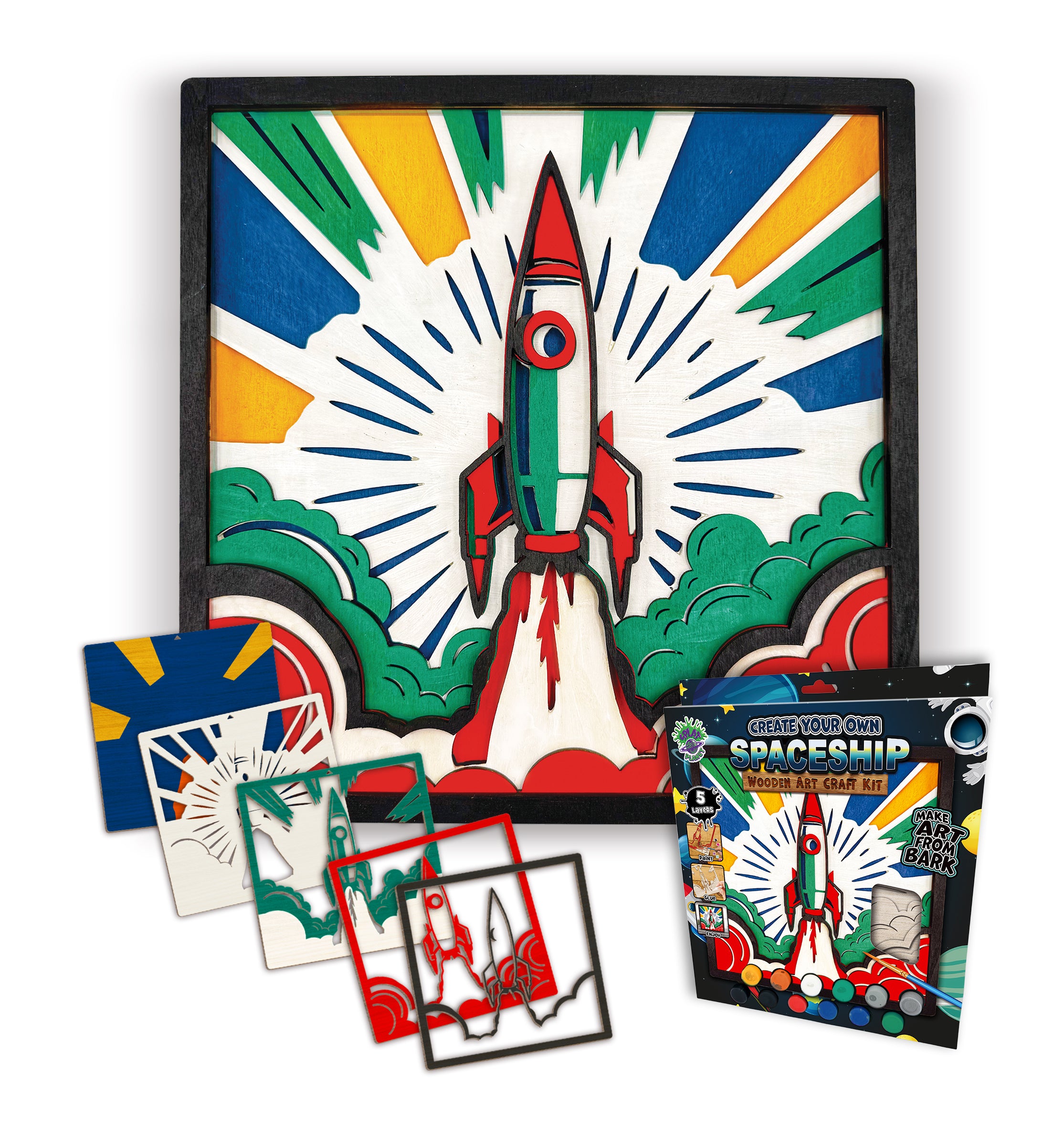 Spaceship wooden art kit, Rocket craft kit for kids, Space rocket wood painting set, DIY spaceship craft, Astronaut themed wooden art, Space décor project, Kids rocket activity kit, Creative space art craft.