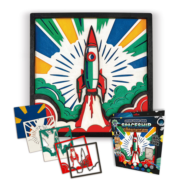 Spaceship wooden art kit, Rocket craft kit for kids, Space rocket wood painting set, DIY spaceship craft, Astronaut themed wooden art, Space décor project, Kids rocket activity kit, Creative space art craft.