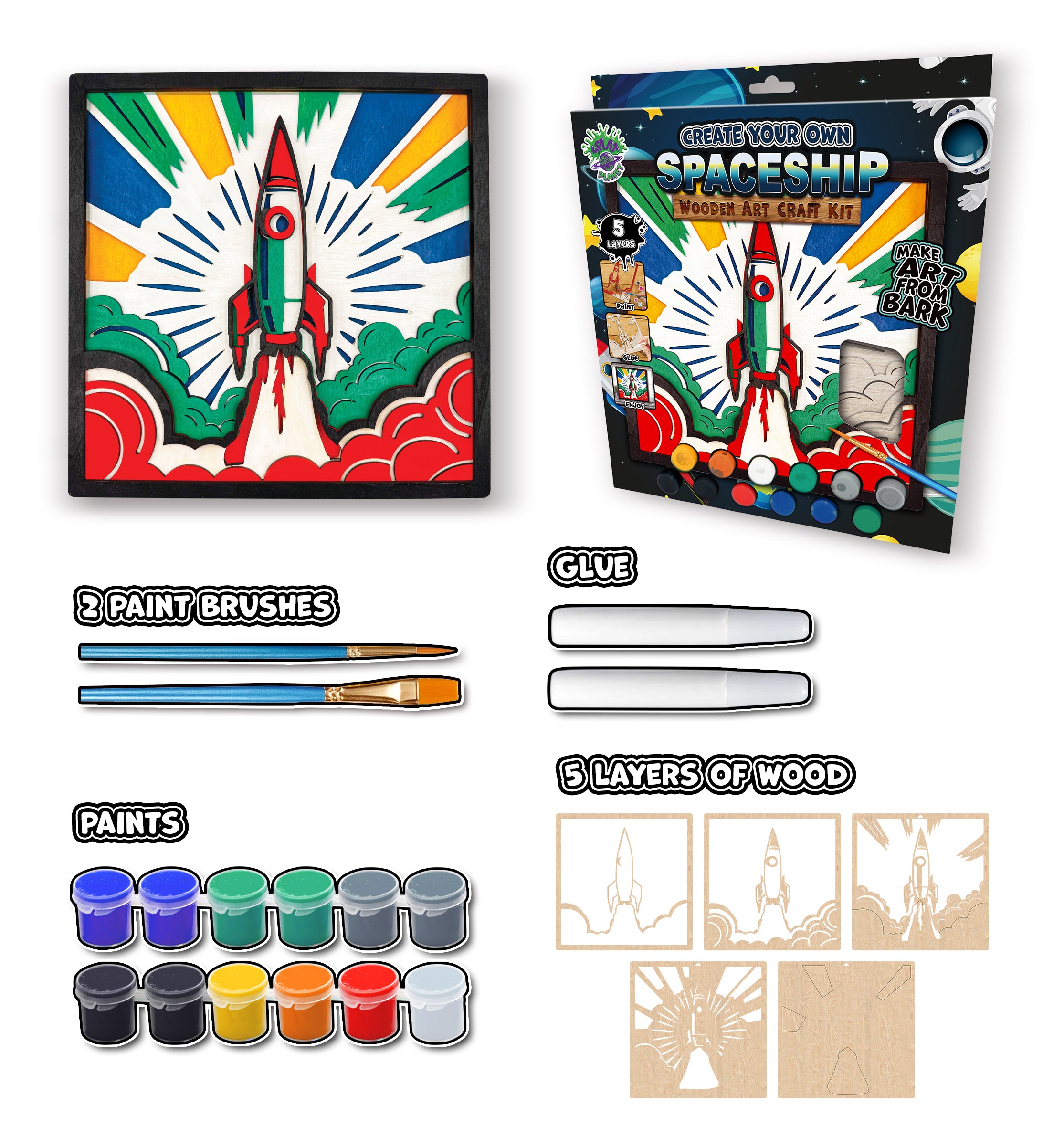 Spaceship wooden art kit, Rocket craft kit for kids, Space rocket wood painting set, DIY spaceship craft, Astronaut themed wooden art, Space décor project, Kids rocket activity kit, Creative space art craft.
