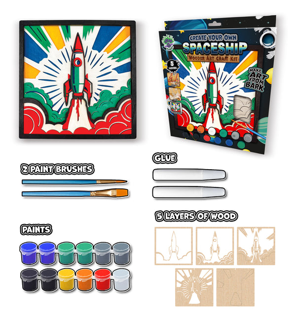 Spaceship wooden art kit, Rocket craft kit for kids, Space rocket wood painting set, DIY spaceship craft, Astronaut themed wooden art, Space décor project, Kids rocket activity kit, Creative space art craft.