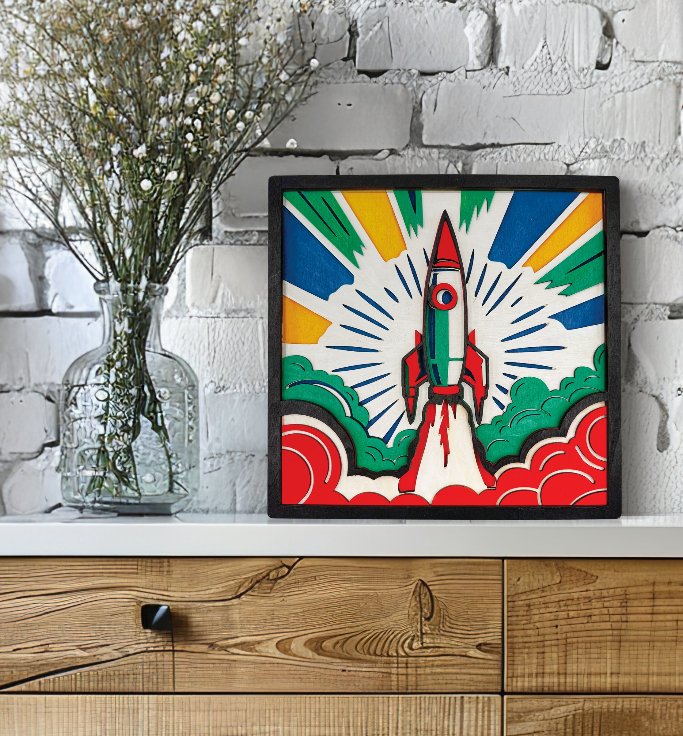 Spaceship wooden art kit, Rocket craft kit for kids, Space rocket wood painting set, DIY spaceship craft, Astronaut themed wooden art, Space décor project, Kids rocket activity kit, Creative space art craft.