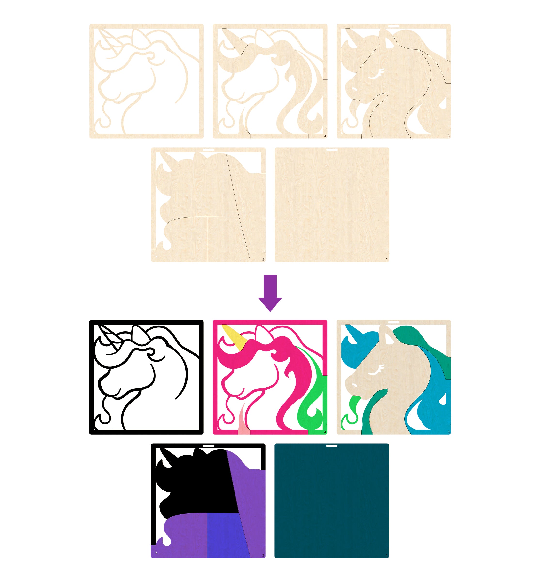 Unicorn wooden art kit, Unicorn craft kit for kids, Fantasy layered wood art, DIY Unicorn painting set, Magical Unicorn décor, Kids Unicorn craft activity, Unicorn themed wooden art, Creative Unicorn project, Unicorn wall art craft.