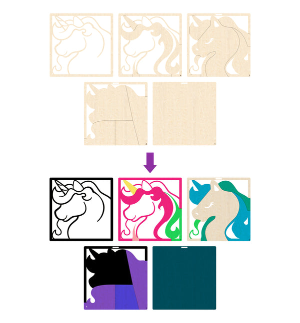 Unicorn wooden art kit, Unicorn craft kit for kids, Fantasy layered wood art, DIY Unicorn painting set, Magical Unicorn décor, Kids Unicorn craft activity, Unicorn themed wooden art, Creative Unicorn project, Unicorn wall art craft.